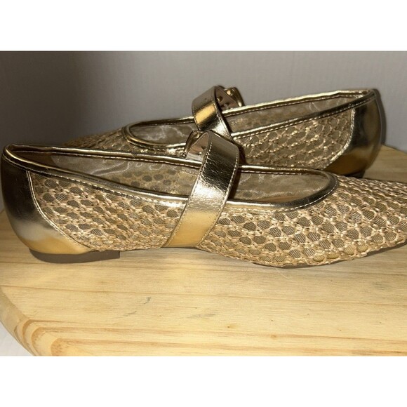 Crown Vintage Shoes Women 9M Metallic Gold Mary Jane Flats Mesh Breathable Strap - Picture 6 of 13
